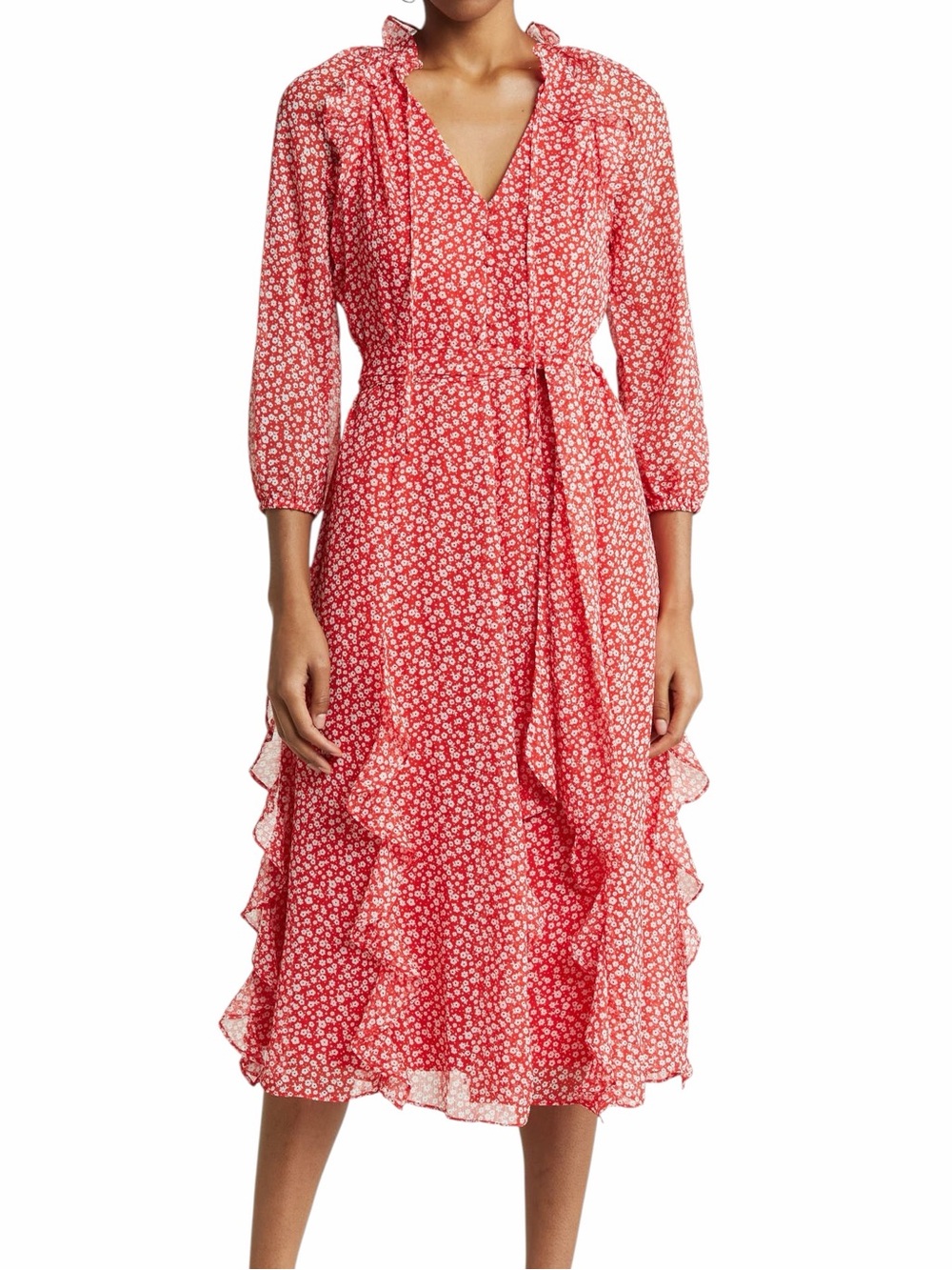 Karl Lagerfeld Paris Floral Ruffle Balloon Sleeve Chiffon Midi Dress Size 16